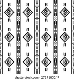 Patrón inconsútil nativo suroeste étnico tribal azteca pixel art geométrico Navajo Tela nativa americana Vector de diseño en blanco y negro para la impresión textil