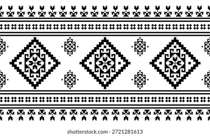 Patrón nativo del suroeste sin fisuras tribal étnico azteca Pixel Art geométrico Navajo Tela nativa americana Vector de diseño en blanco y negro para la impresión textil