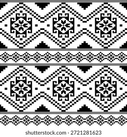 Patrón nativo del suroeste sin fisuras tribal étnico azteca Pixel Art geométrico Navajo Tela nativa americana Vector de diseño en blanco y negro para la impresión textil
