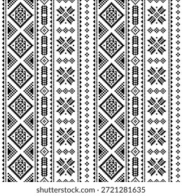 Patrón nativo del suroeste sin fisuras tribal étnico azteca Pixel Art geométrico Navajo Tela nativa americana Vector de diseño en blanco y negro para la impresión textil
