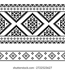 Patrón nativo del suroeste sin fisuras étnico tribal azteca Pixel arte geométrico Navajo Tela nativa americana Vector de diseño en blanco y negro para la impresión textil