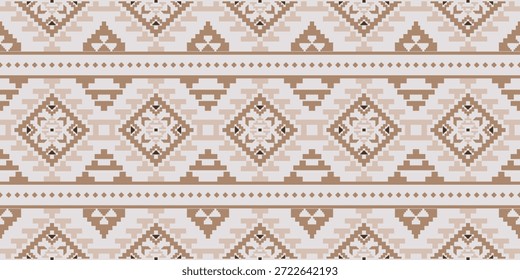 Patrón nativo del suroeste sin fisuras étnico tribal azteca Pixel arte geométrico Navajo Tela nativa americana Vector de diseño de tonos de tierra para la impresión textil