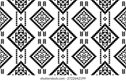 Patrón nativo del suroeste sin fisuras étnico tribal azteca Pixel arte geométrico Navajo Tela nativa americana Vector de diseño en blanco y negro para la impresión textil