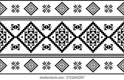 Patrón nativo del suroeste sin fisuras étnico tribal azteca Pixel arte geométrico Navajo Tela nativa americana Vector de diseño en blanco y negro para la impresión textil