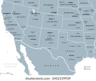 Southwest region of the United States, gray political map. States of American Southwest, simply Southwest. Geographical and cultural region, bordered by Mexico. Arizona, New Mexico, Nevada and Texas.