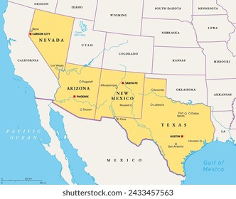 Southwest region of the United States, political map. States of the American Southwest or simply Southwest. Geographical and cultural region, bordered by Mexico. Arizona, New Mexico, Nevada and Texas.