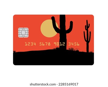 A southwest USA desert scene with  saguaro cactus at sunset is the design on a generic mock credit card or debit card. Text area is available on the card. 