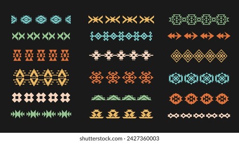 Southwestern Aztec Seamless Borders Navajo Decorative Strokes Element Collection Native American Ethnic Illustration Set on Black Background