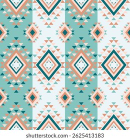 Southwestern Geometric Pattern
Repeating geometric pattern with a Southwestern or Native American-inspired aesthetic. Features diamonds and triangles in teal, coral, and beige tones.