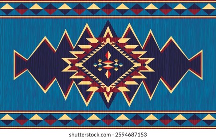 Southwestern Geometric Rug Pattern, Native American Style, Tribal Design, Vibrant Blue, Red, and Yellow Rug with Southwestern Geometric Rug Pattern for Home Decor