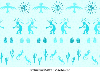 Southwestern native american vector ethnic tribal motifs seamless pattern. Mythical design with gecko, Kokopelli fertility god, sun, bird, cacti. Authentic art abstract pattern.