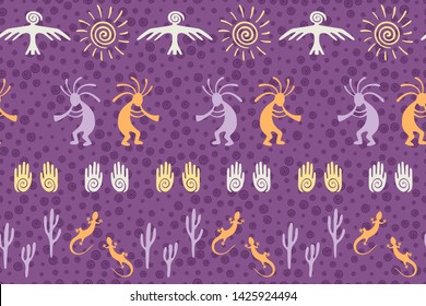 Southwestern native american vector ethnic tribal motifs seamless pattern. Aborigine design with dancing god music spirit, wild nature, spiral signs. Authentic fashionable print pattern.
