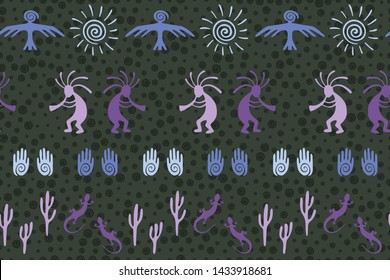 Southwestern native american vector ethnic tribal motifs seamless pattern. Traditional design with dancing god music spirit, wild nature, spiral signs. Authentic elements modern pattern.