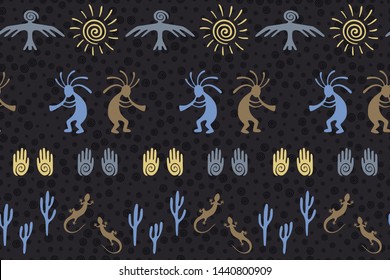 Southwestern Native American Vector Ethnic Tribal Motifs Seamless Pattern. Mythical Design With Trickster God, Swirl Icons On Human Palm, Sun, Eagle. Authentic Creative Batik Pattern.