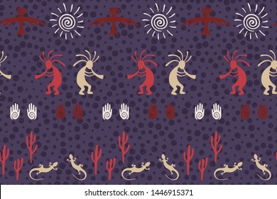 Southwestern native american vector ethnic tribal motifs seamless pattern. Folk design with trickster god, swirl icons on human palm, sun, eagle. Authentic ornament fabric prin.