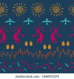 Southwestern native american vector ethnic tribal motifs seamless pattern. Aborigine design with lizard, Kokopelli fertility deity, sun, eagle, cacti. Authentic character illustration.