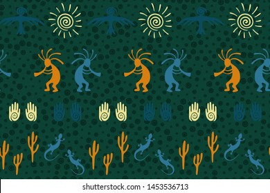 Southwestern native american vector ethnic tribal motifs seamless pattern. Mythical design with gecko, Kokopelli fertility god, sun, bird, cacti. Authentic art abstract pattern.