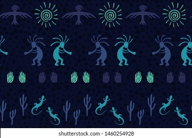 Southwestern native american vector ethnic tribal motifs seamless pattern. Traditional design with dancing god music spirit, wild nature, spiral signs. Authentic creative batik pattern.