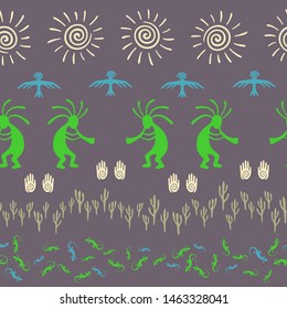 Southwestern native american vector ethnic tribal motifs seamless pattern. Mythical design with gecko, Kokopelli fertility god, sun, bird, cacti. Authentic character illustration.