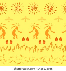 Southwestern native american vector ethnic tribal motifs seamless pattern. Traditional design with humpbacked man playing flute musical instrument. Authentic aboriginal textile print.