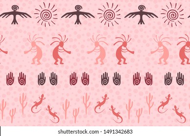 Southwestern native american vector ethnic tribal motifs seamless pattern. Aborigine design with gecko, Kokopelli fertility god, sun, bird, cacti. Authentic character illustration.