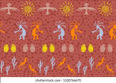 Southwestern native american vector ethnic tribal motifs seamless pattern. Mythical design with humpbacked man playing flute musical instrument. Authentic aboriginal textile print.