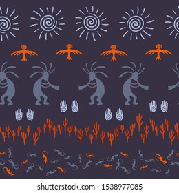 Southwestern native american vector ethnic tribal motifs seamless pattern. Mythical design with humpbacked man playing flute musical instrument. Authentic character illustration.