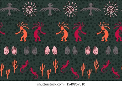 Southwestern Native American Vector Ethnic Tribal Motifs Seamless Pattern. Mythical Design With Humpbacked Man Playing Flute Musical Instrument. Authentic Fashionable Print Pattern.