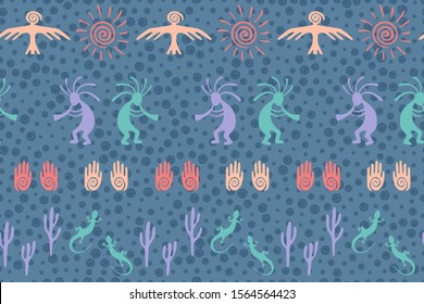 Southwestern Native American Vector Ethnic Tribal Motifs Seamless Pattern. Mythical Design With Trickster God, Swirl Icons On Human Palm, Sun, Eagle. Authentic Aboriginal Textile Print.