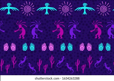 Southwestern native american vector ethnic tribal motifs seamless pattern. Folk design with humpbacked man playing flute musical instrument. Authentic creative batik pattern.