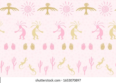 Southwestern native american vector ethnic tribal motifs seamless pattern. Aborigine design with gecko, Kokopelli fertility god, sun, bird, cacti. Authentic art abstract pattern.