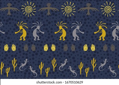 Southwestern native american vector ethnic tribal motifs seamless pattern. Mythical design with lizard, Kokopelli fertility deity, sun, eagle, cacti. Authentic creative batik pattern.
