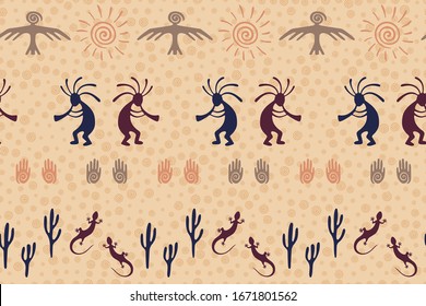 Southwestern Native American Vector Ethnic Tribal Motifs Seamless Pattern. Mythical Design With Trickster God, Swirl Icons On Human Palm, Sun, Eagle. Authentic Aboriginal Textile Print.