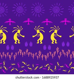 Southwestern native american vector ethnic tribal motifs seamless pattern. Mythical design with humpbacked man playing flute musical instrument. Authentic elements modern pattern.