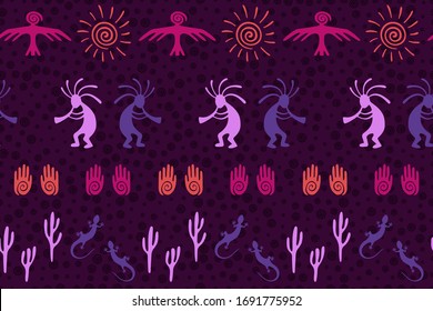 Southwestern native american vector ethnic tribal motifs seamless pattern. Aborigine design with gecko, Kokopelli fertility god, sun, bird, cacti. Authentic art abstract pattern.