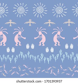 Southwestern native american vector ethnic tribal motifs seamless pattern. Folk design with humpbacked man playing flute musical instrument. Authentic healing deity pattern.