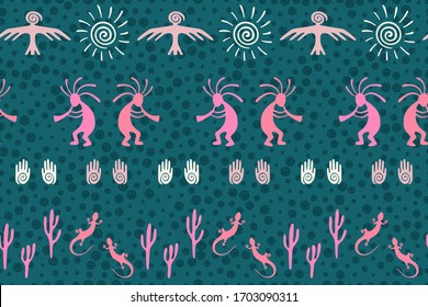 Southwestern native american vector ethnic tribal motifs seamless pattern. Traditional design with gecko, Kokopelli fertility god, sun, bird, cacti. Authentic signs cute pattern.