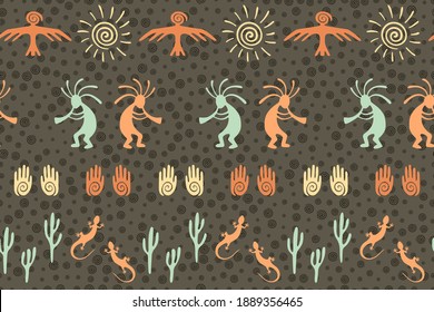 Southwestern native american vector ethnic tribal motifs seamless pattern. Mythical design with humpbacked man playing flute musical instrument. Authentic creative batik pattern.