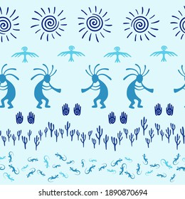 Southwestern native american vector ethnic tribal motifs seamless pattern. Mythical design with gecko, Kokopelli fertility god, sun, bird, cacti. Authentic desert wildlife pattern.