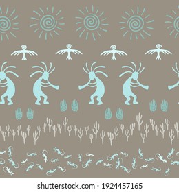 Southwestern Native American Vector Ethnic Tribal Motifs Seamless Pattern. Traditional Design With Trickster God, Swirl Icons On Human Palm, Sun, Eagle. Authentic Character Illustration.