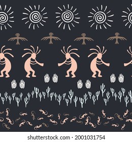 Southwestern Native American Vector Ethnic Tribal Motifs Seamless Pattern. Aborigine Design With Gecko, Kokopelli Fertility God, Sun, Bird, Cacti. Authentic Ornament Fabric Prin.