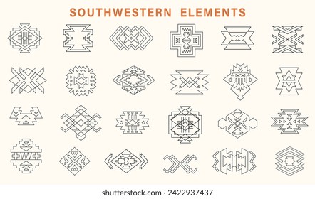 Southwestern Tribal Outline Shapes Set. Line Art Aztec Elements Navajo Decorative Geometric Silhouette Collection. Native American Ethnic Illustrations