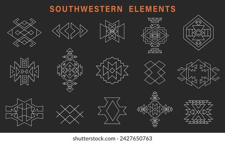 Southwestern Tribal Outline Shapes Set. Aztec Elements Navajo Decorative Geometric Silhouette Collection. Native American Ethnic Illustrations, on black background