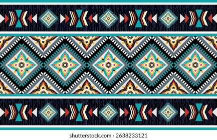 Southwestern tribal rug with vibrant geometric diamond motifs in teal, orange, black, and white, ideal for boho home decor, rug and for clothing.