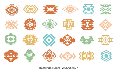 Set de Formas Tribales del Suroeste. Colección de silueta geométrica decorativa de elementos aztecos Navajo. Ilustraciones étnicas nativas estadounidenses, aisladas en blanco