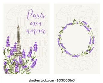 Souvenir card with eiffel tower. Eiffel tower with blooming spring flowers over gray background. Vector illustration.