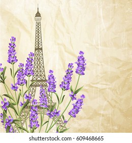 Souvenir card with eiffel tower. Eiffel tower with blooming spring flowers over old paper background. Vector illustration.