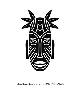 Souvenir ethnic mask. Black totem head of ancient aboriginal deities for religious rituals with ornament of protection from evil forces and ceremonial vector dances