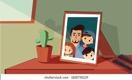 A souvenir family photo of the father, two children, and a girl , cartoon peolpe and illustration vector family