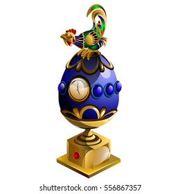 A souvenir in the form of egg on a gold stand with a figure of a rooster on top isolated on white background. Vector illustration.